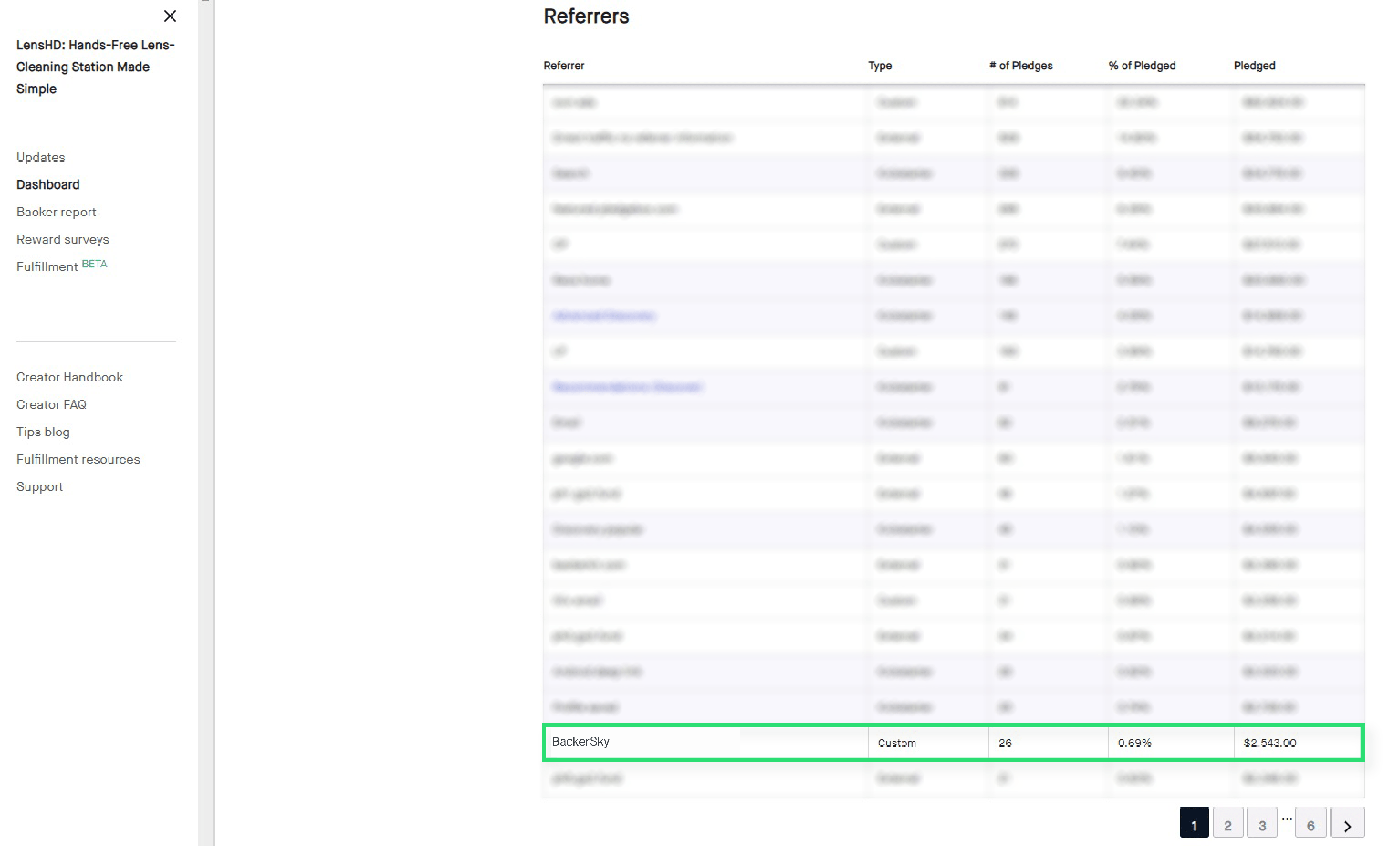LensHD Kickstarter dashboard with 26 pledges attributed to BackerSky